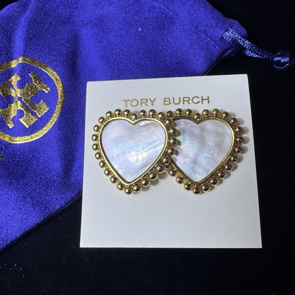Tory Burch Mother of Pearl Heart Stud Earrings Gold Tone New Iridescent NWOT